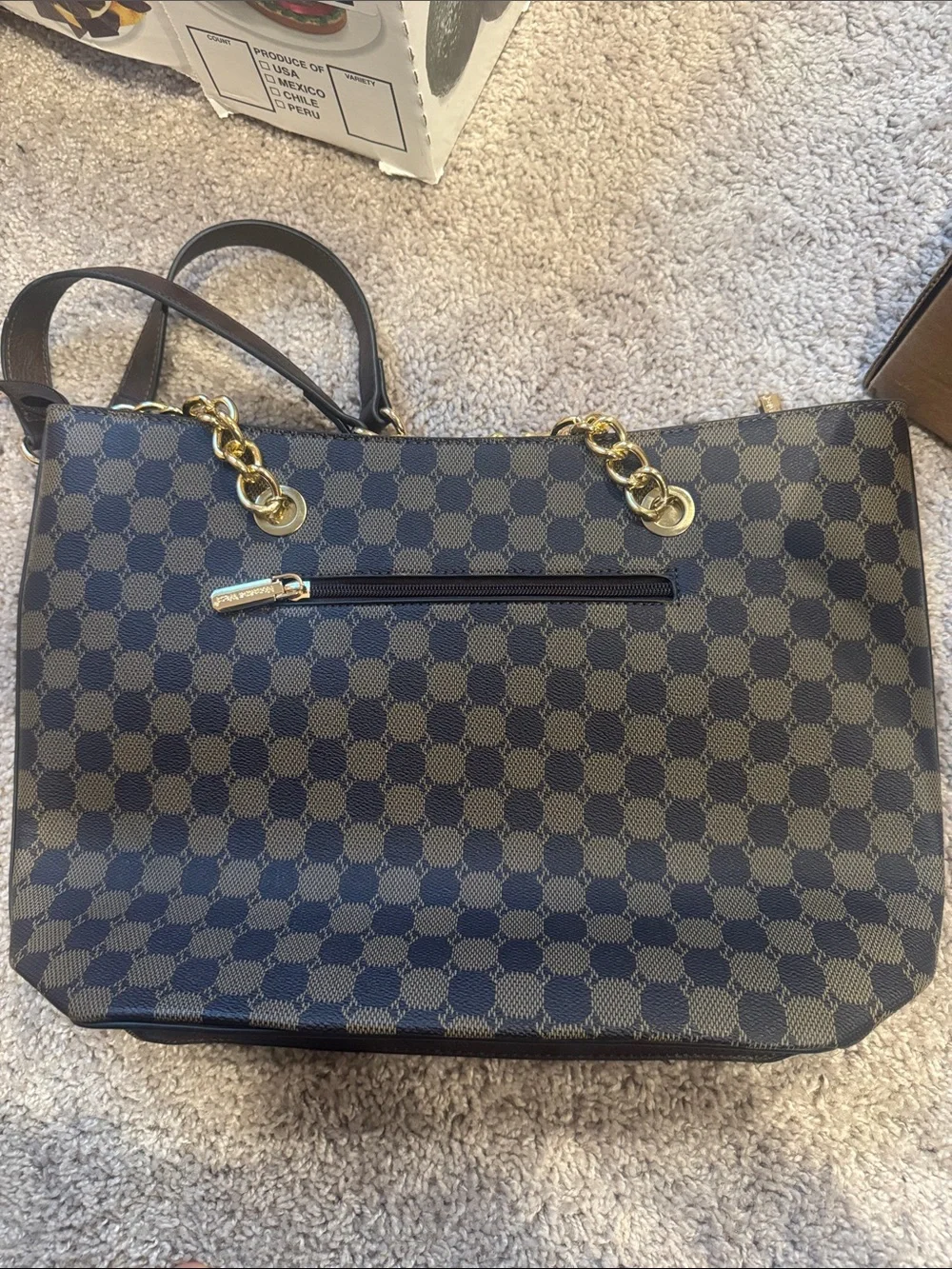 Montana West Navy and Brown Checkered Tote with Gold Chain Details